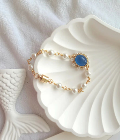 Blue Chalcedony and Pearl Wire-Wrapped Bracelet