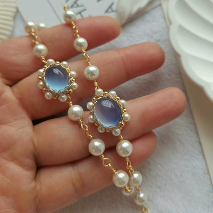 Blue Chalcedony and Pearl Wire-Wrapped Bracelet