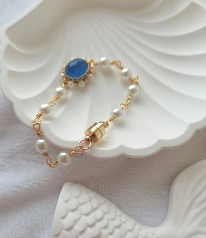 Blue Chalcedony and Pearl Wire-Wrapped Bracelet